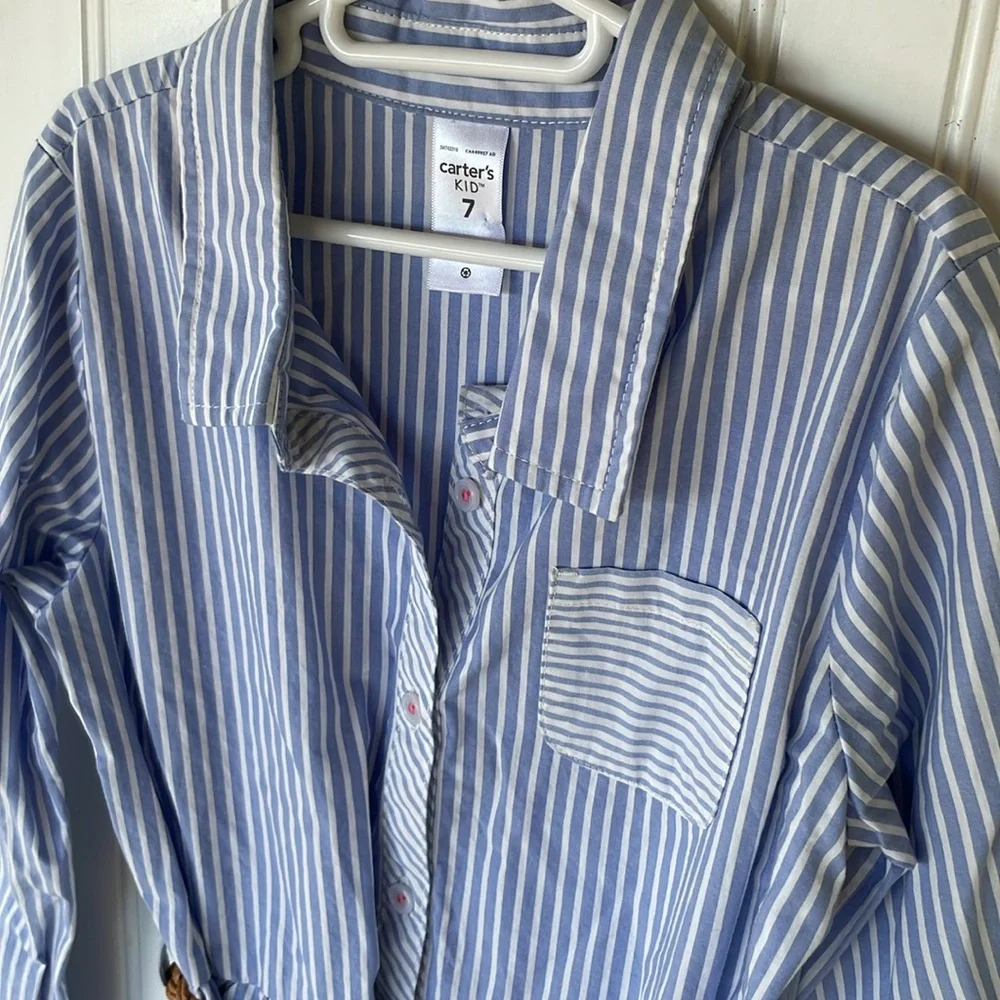 CARTERS GIRLS BLUE WHITE STRIPED LONG SLEEVE DRESS WITH BROWN BELT SIZE 7